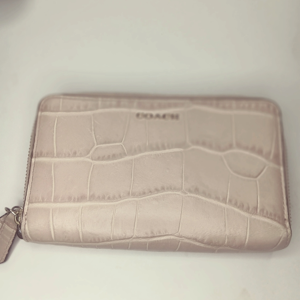 Coach double pocket zip around blush pink croc embossed wallet